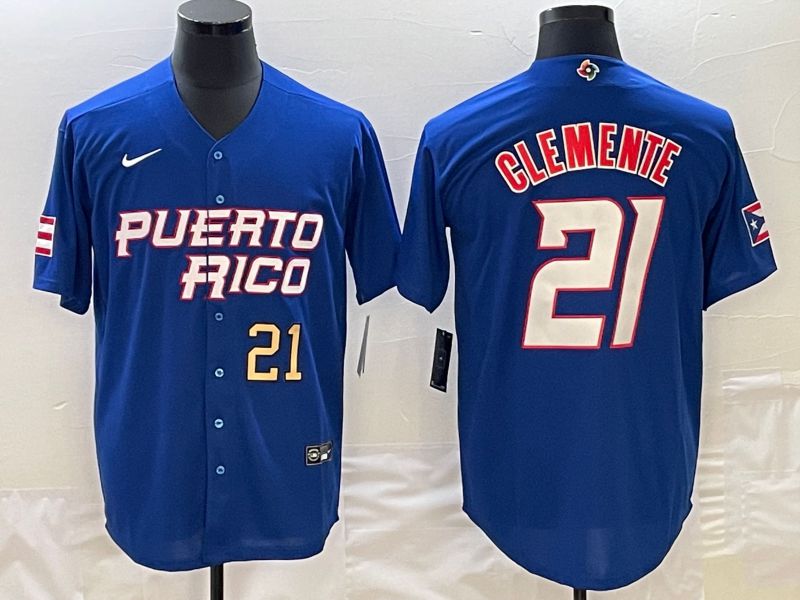 Men 2023 World Cub Puerto Rico 21 Clemente Blue Nike MLB Jersey8